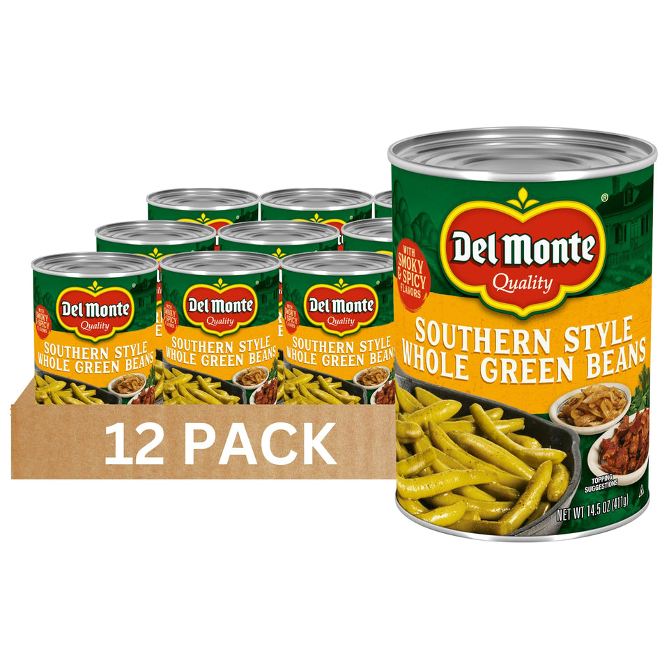 Del Monte Southern Style Green Beans in a can front, ready to serve as a convenient side.