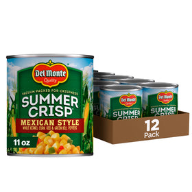 Del Monte Mexican Style Corn cans on shelf, ready-to-eat side dish.