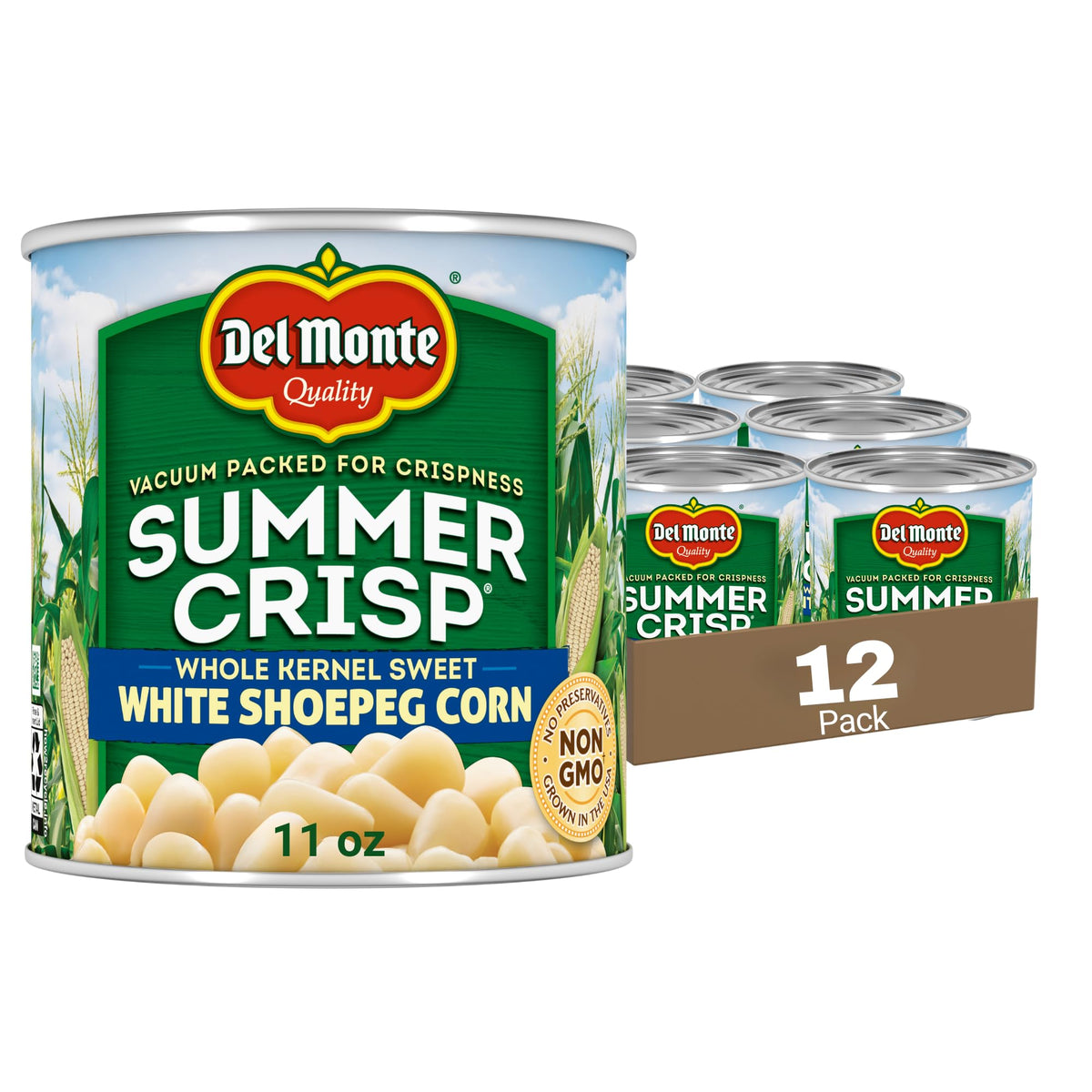 Del Monte Summer Crisp White Shoepeg Corn 11 oz can, ready to eat right from the can.