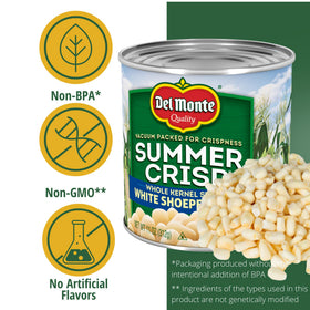 Del Monte Summer Crisp Whole Kernel corn closeup, showcasing plump kernels and sunny sweetness.
