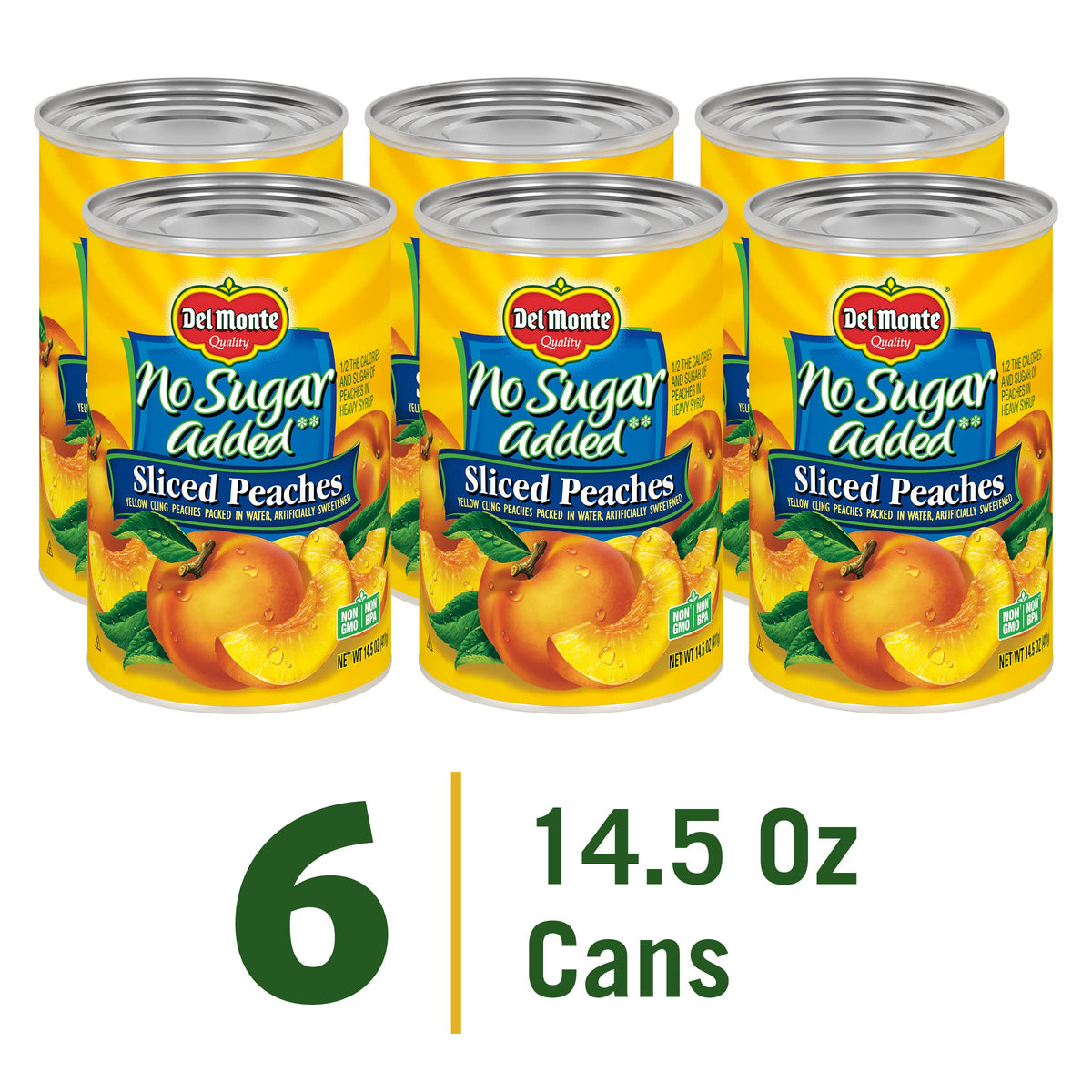 Del Monte yellow cling peaches close-up showing ripe slices in water.