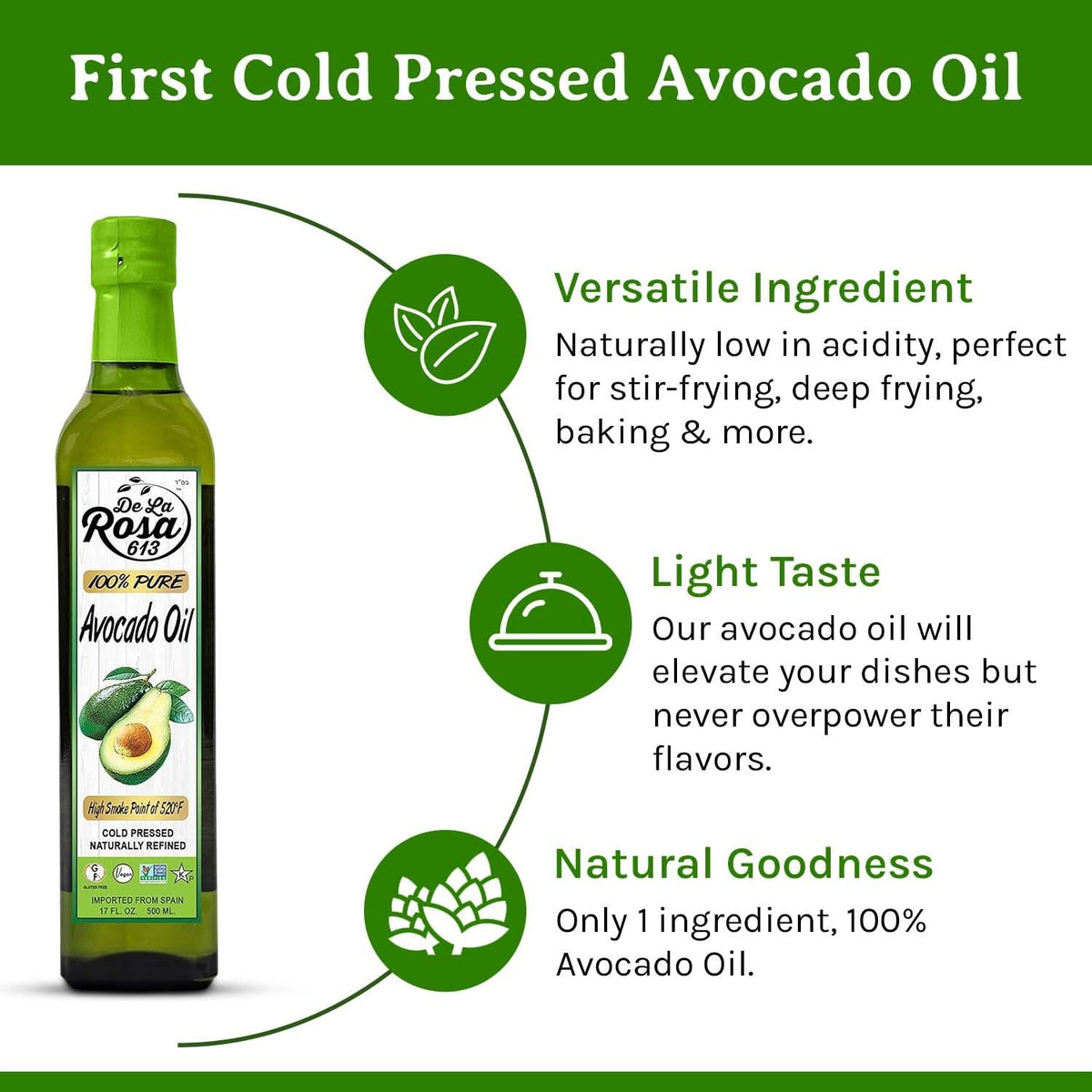 De La Rosa 613 avocado oil kosher label signals Passover suitability and clean ingredient standards.