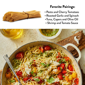 DeLallo capellini pasta cooked on plate, bright and delicate.