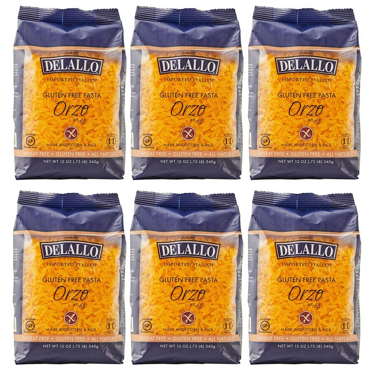 DeLallo Gluten Free Orzo 6-pack box, convenient for multi-meal meals.