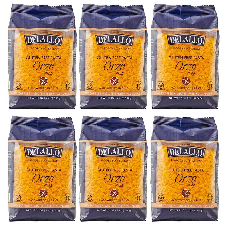 DeLallo Gluten Free Orzo 6-pack box, convenient for multi-meal meals.