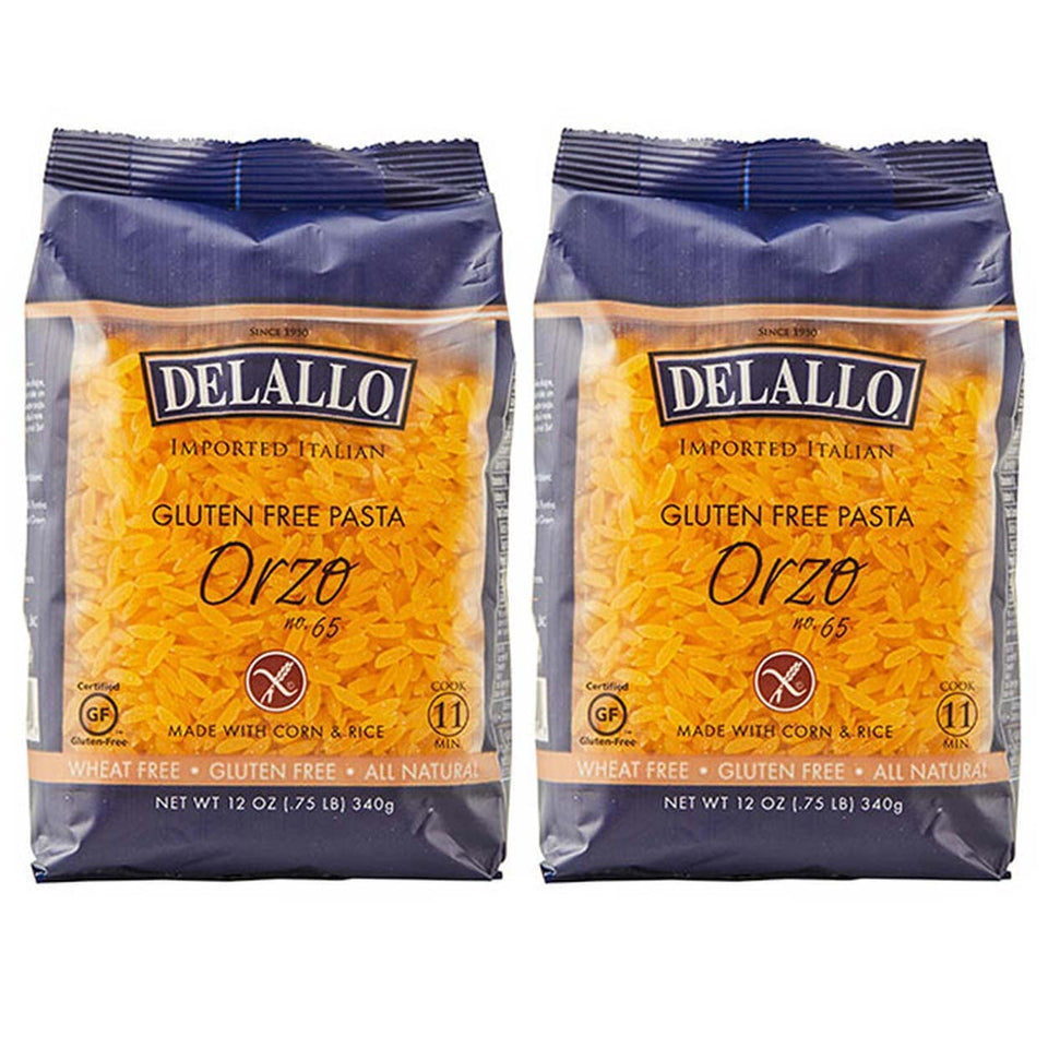 DeLallo gluten-free orzo pasta bag 2-pack, ready for soup or salads.