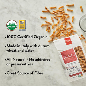 DeLallo packaging close-up highlighting organic certification and natural durum wheat ingredients