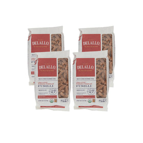DeLallo organic whole-wheat fusilli 4-pack front packaging showcases premium durum wheat