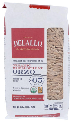 DeLallo Orzo No. 65 packaging with whole-wheat pasta for everyday meals