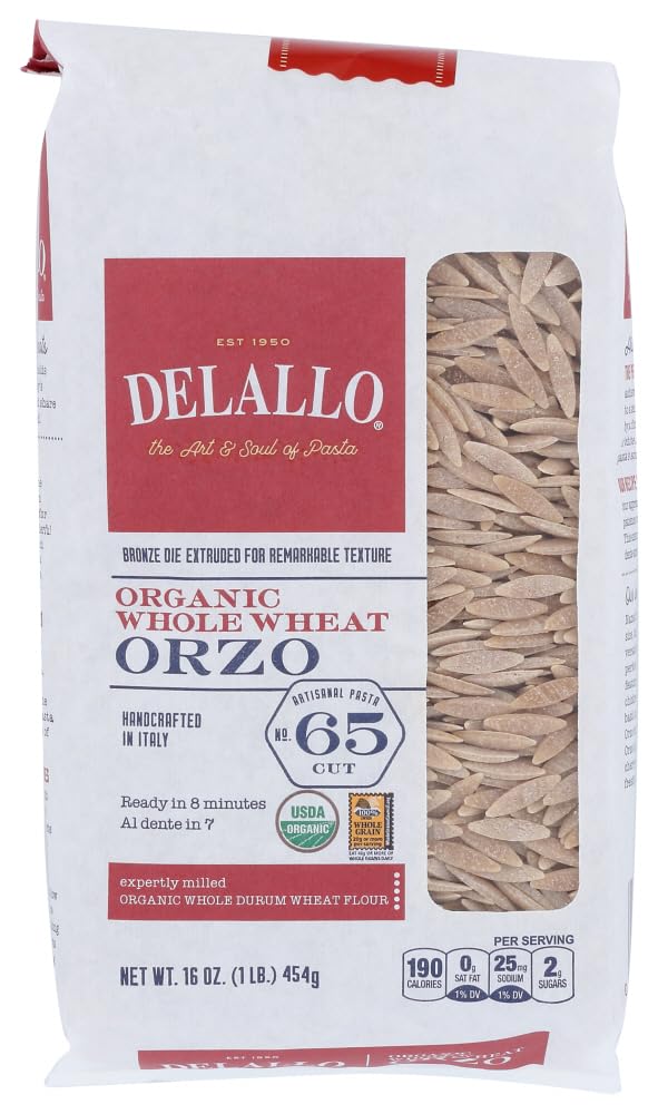 DeLallo Orzo No. 65 packaging with whole-wheat pasta for everyday meals