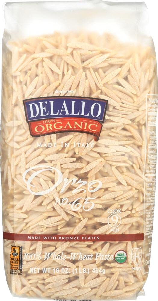 DeLallo Orzo Pasta 16oz package, ideal for salads, soups, and grain bowls.