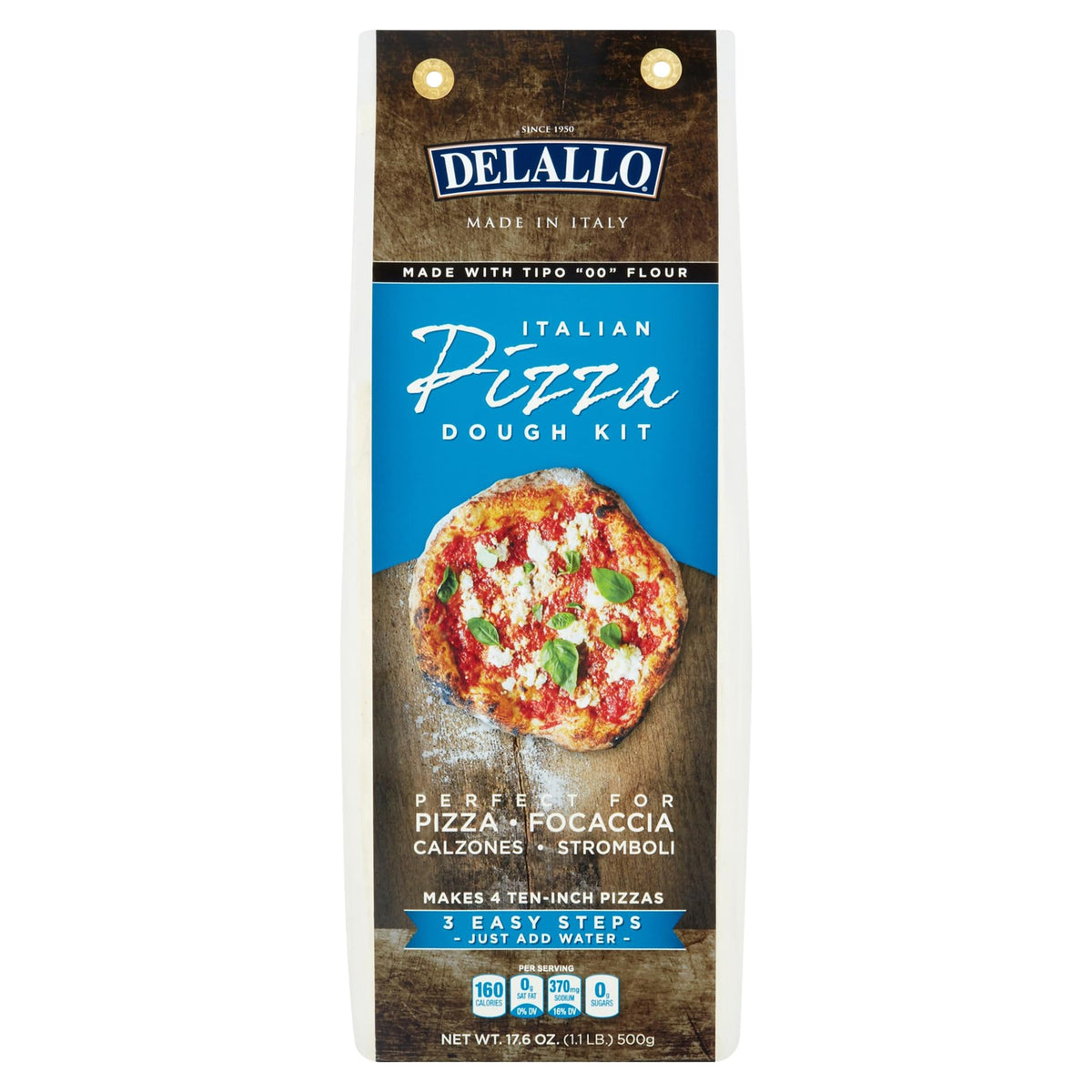 DeLallo Pizza Crust Mix box with gluten-free, non-GMO blend for easy homemade crust.