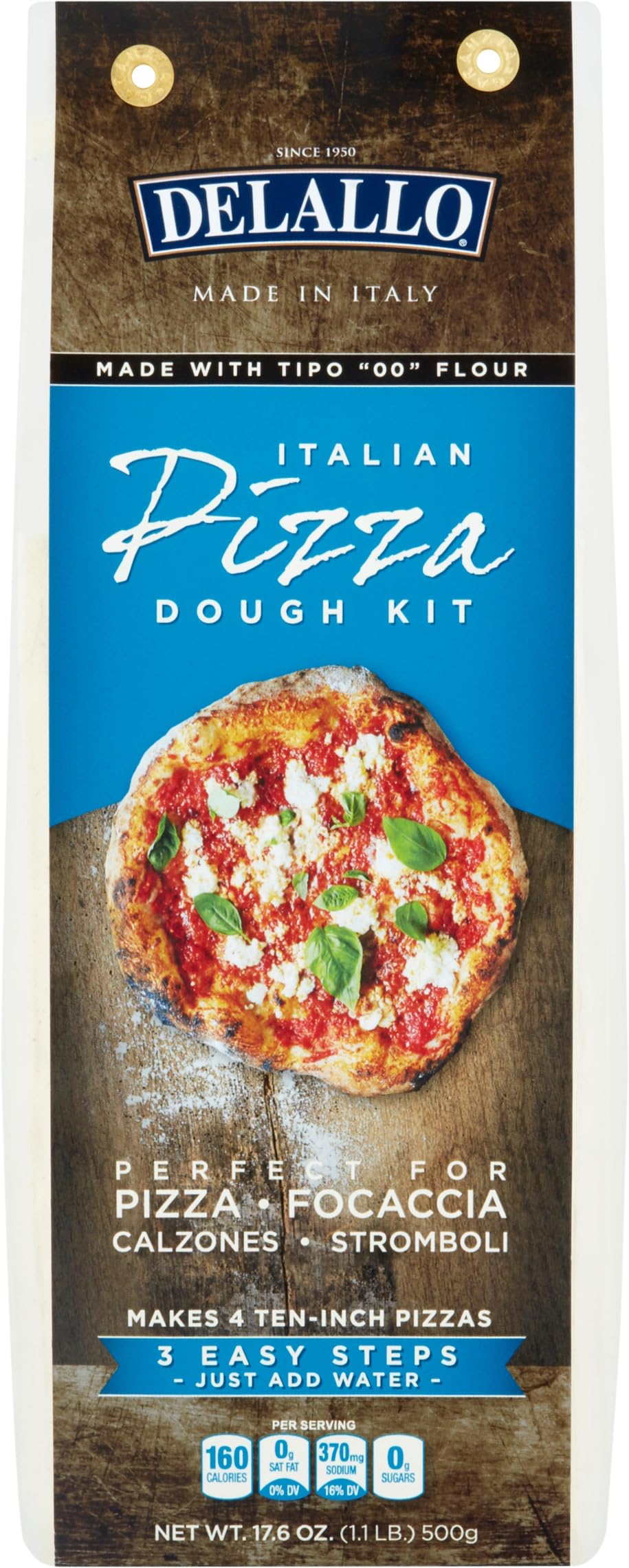 DeLallo Pizza Crust Mix dry blend on counter, ready to mix for versatile crust options.
