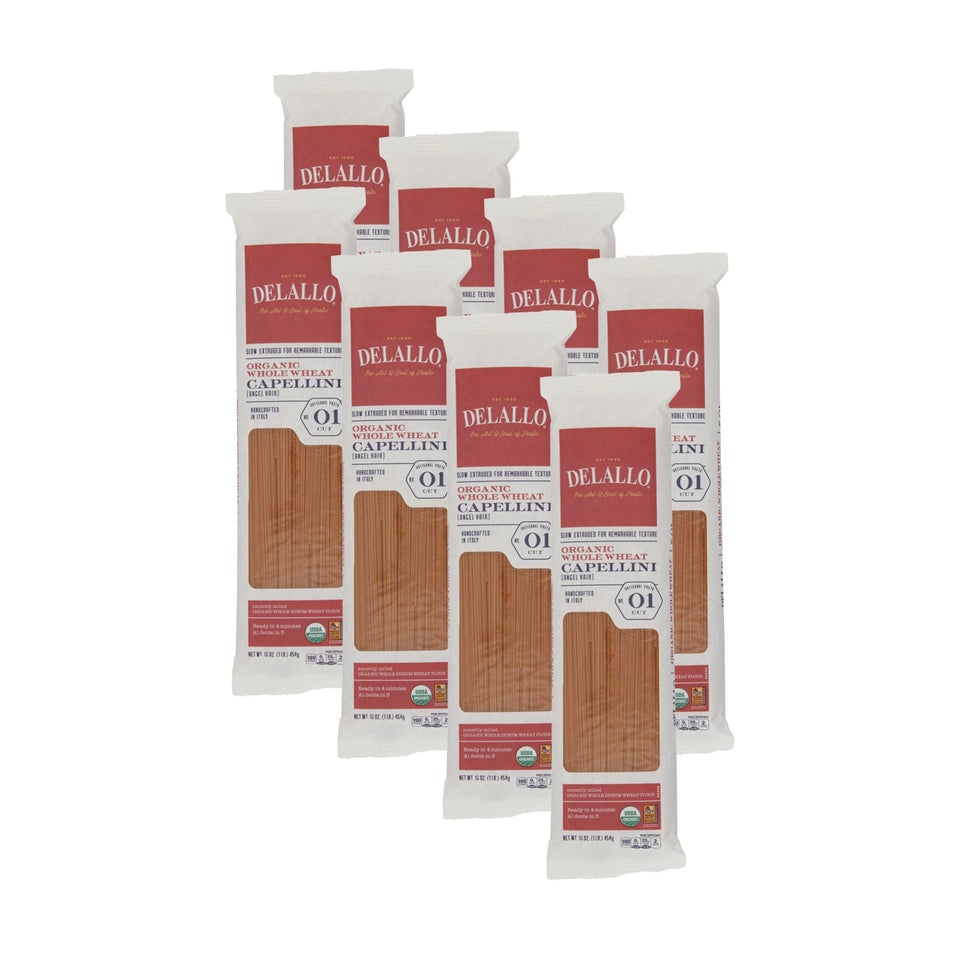 DeLallo whole-wheat capellini packaging front highlights authentic Italian pasta for fiber-rich meals
