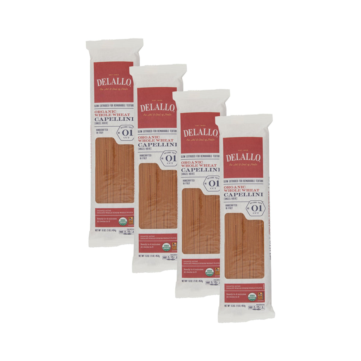 DeLallo whole-wheat capellini packaging on display, ideal for quick weeknight dinners.
