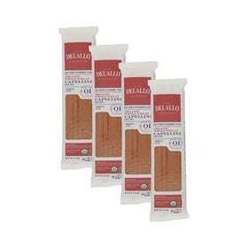 DeLallo whole-wheat capellini packaging on display, ideal for quick weeknight dinners.