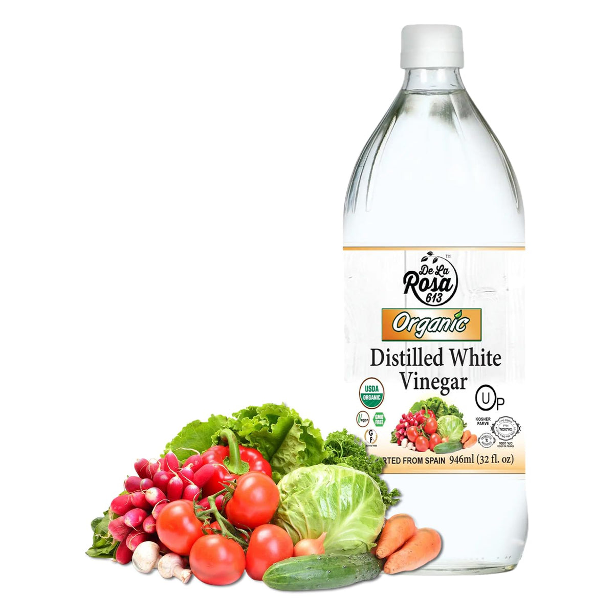 De La Rosa 613 organic distilled white vinegar bottle, 32 oz, ideal for dressings.
