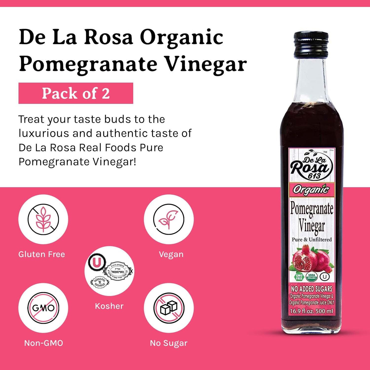 De La Rosa 613 pomegranate vinegar back label showing organic and kosher certifications