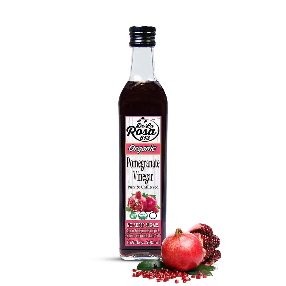 De La Rosa 613 pomegranate vinegar bottle front view for everyday dressings