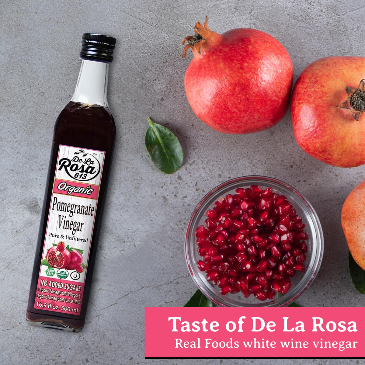 Glass jar packaging of De La Rosa 613 pomegranate vinegar