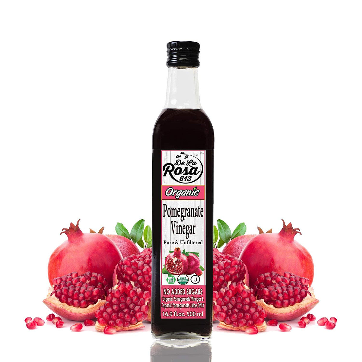 Premium packaging presentation of De La Rosa 613 pomegranate vinegar