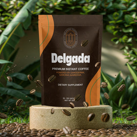 Delgada Instant Coffee low-acid formula cup with gentle caffeine release.