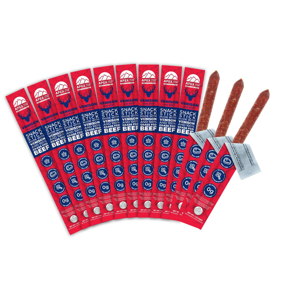 Deli Direct Apex venison jerky 12-pack front view, protein-rich snack on the go