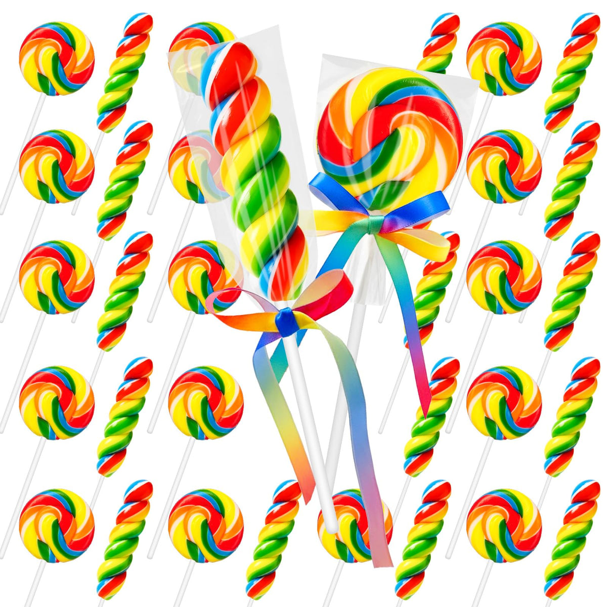 DelicYum rainbow lollipops 32-count swirl design add colorful focal points to celebrations.