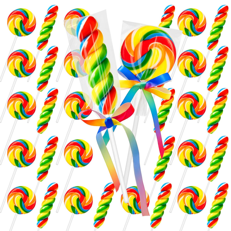 DelicYum rainbow lollipops 32-count swirl design add colorful focal points to celebrations.