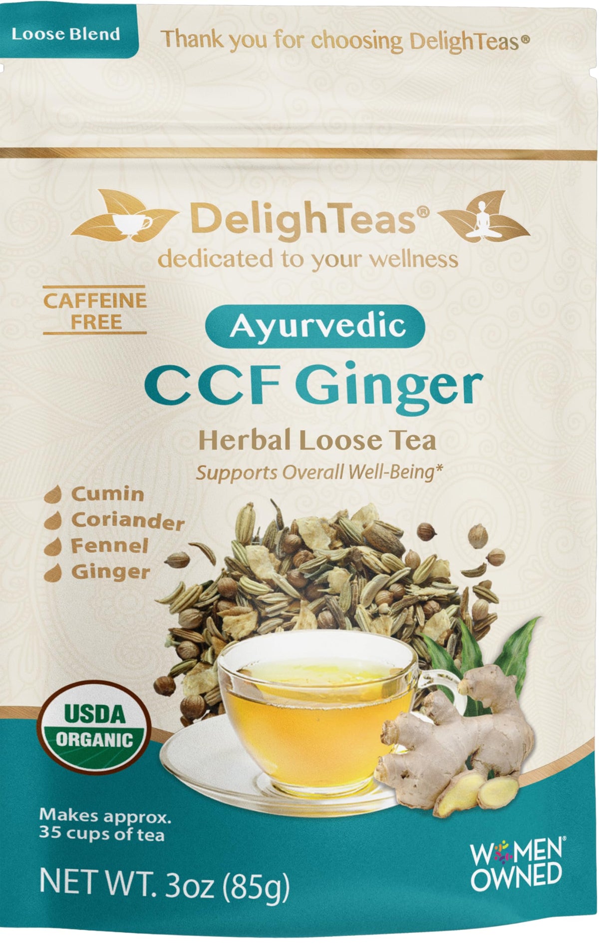 DelighTeas Digest & Detox CCF Tea packaging highlights USDA Organic labeling and premium quality.
