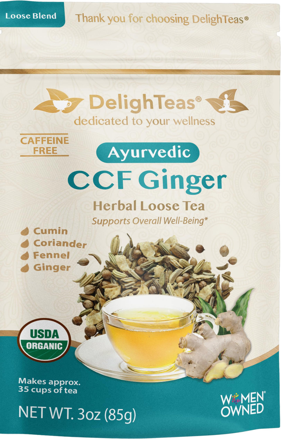 DelighTeas Digest & Detox CCF Tea packaging highlights USDA Organic labeling and premium quality.