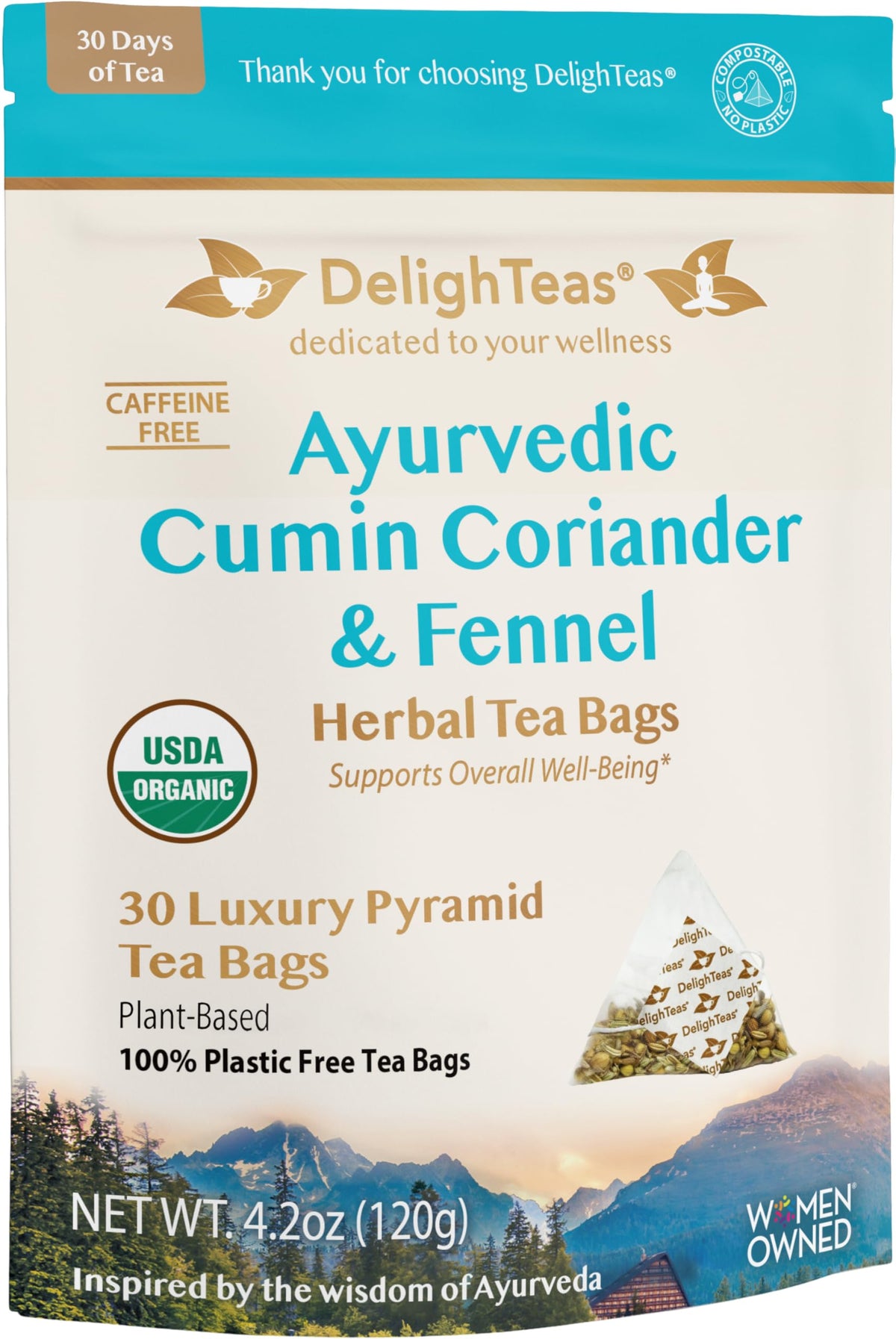 DelighTeas Digest & Detox CCF Tea packaging is eco-friendly and compostable.