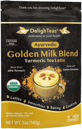 DelighTeas Golden Milk powder with turmeric and ginger for vegan lattes.
