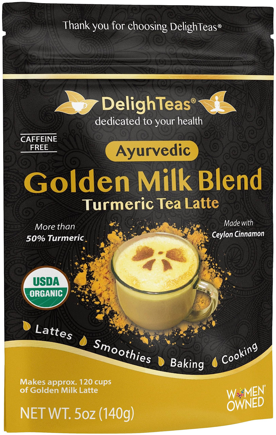 DelighTeas Golden Milk powder with turmeric and ginger for vegan lattes.
