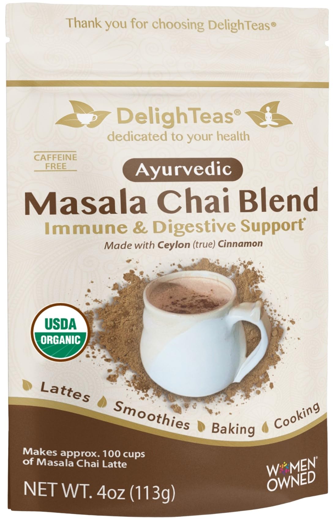 DelighTeas Masala Chai Powder Jar for caffeine-free chai at home