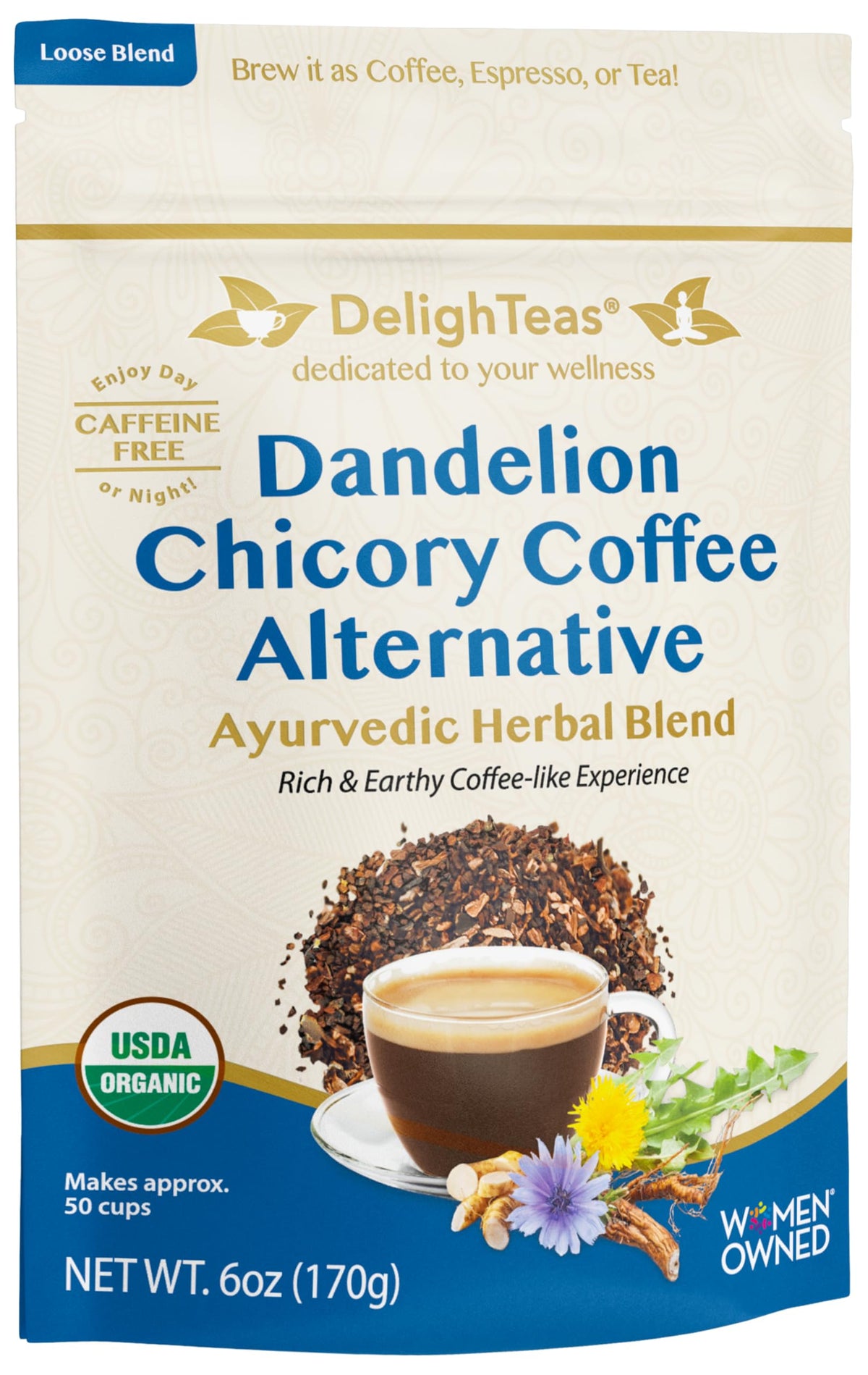 DelighTeas Organic Coffee Alternative bottle shows earthy chicory and dandelion notes for a comforting cup.