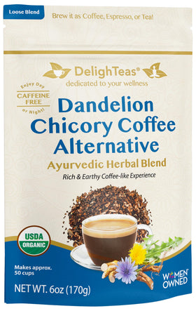 DelighTeas Organic Coffee Alternative bottle shows earthy chicory and dandelion notes for a comforting cup.