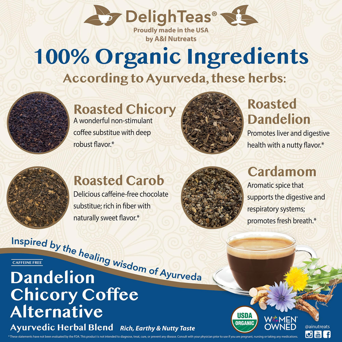 DelighTeas Organic Coffee Alternative cup ready to drink with creamy, nutty undertones.