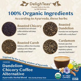 DelighTeas Organic Coffee Alternative cup ready to drink with creamy, nutty undertones.
