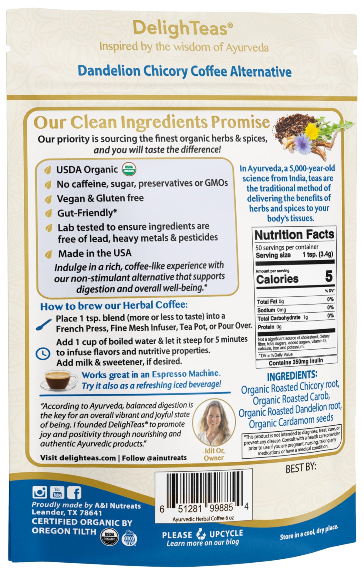 DelighTeas Organic Coffee Alternative espresso shot prepared for a robust, non-stimulant flavor.