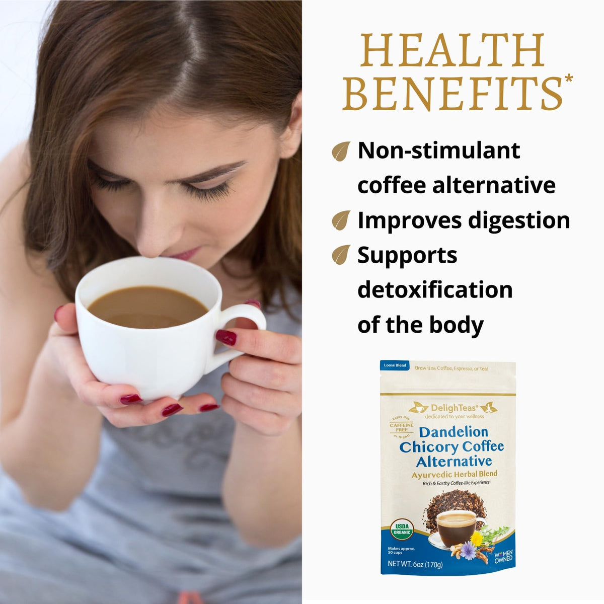 DelighTeas Organic Coffee Alternative ingredients panel highlights chicory, carob, dandelion, and cardamom.