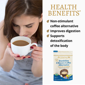 DelighTeas Organic Coffee Alternative ingredients panel highlights chicory, carob, dandelion, and cardamom.