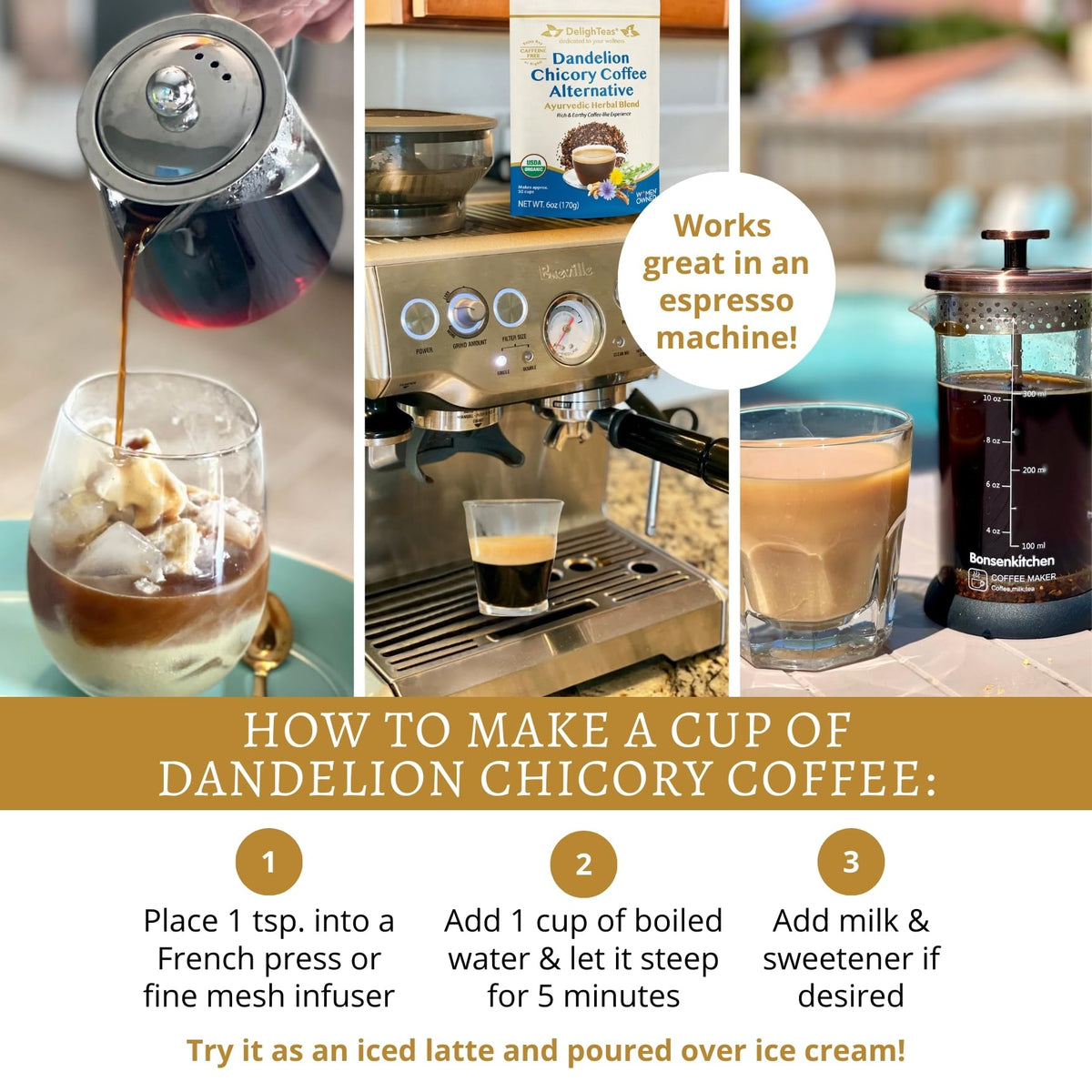 DelighTeas Organic Coffee Alternative label features gluten-free, vegan, and lab-tested assurances.