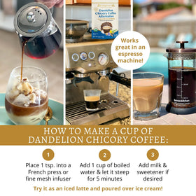 DelighTeas Organic Coffee Alternative label features gluten-free, vegan, and lab-tested assurances.