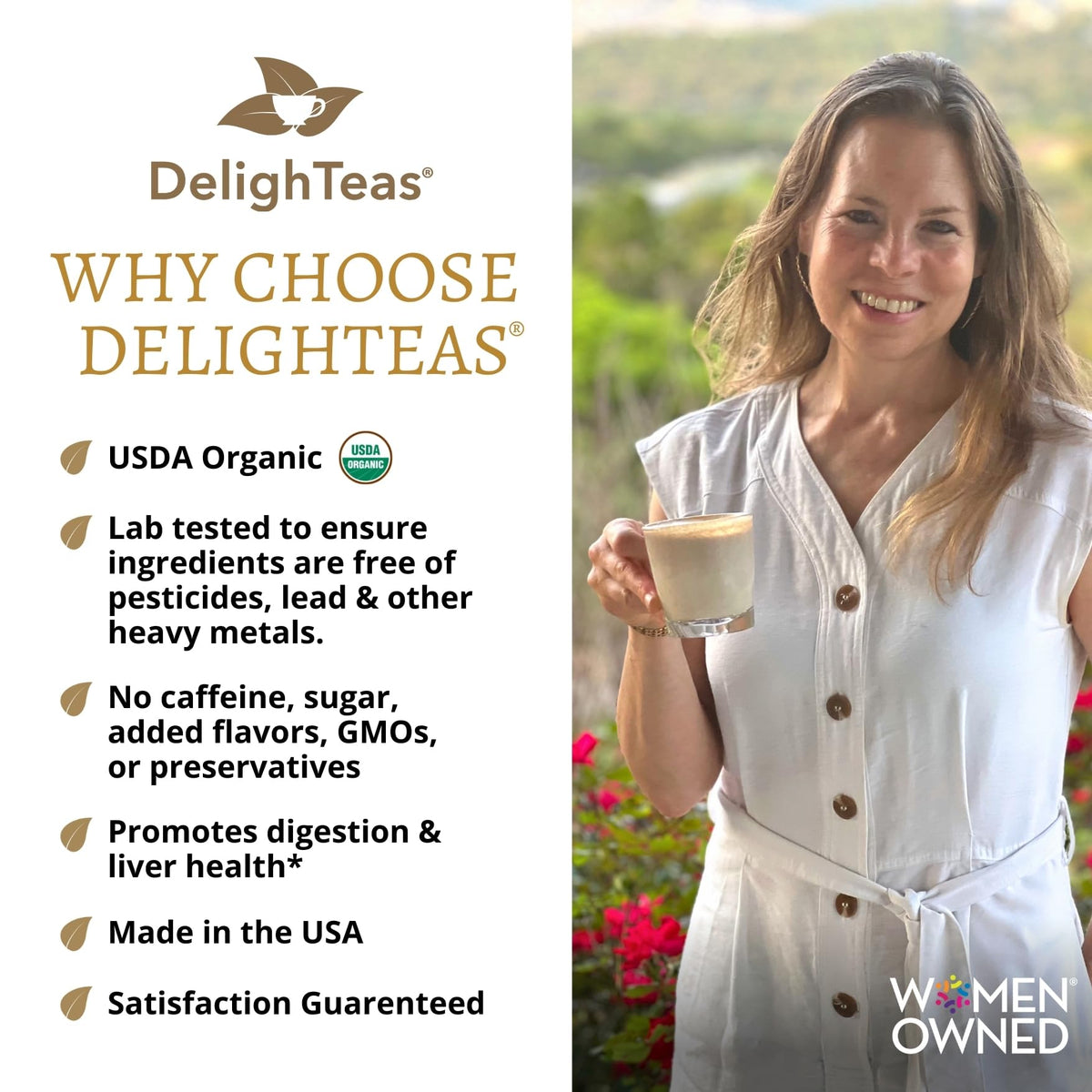 DelighTeas Organic Coffee Alternative packaging front highlights USDA Organic and caffeine-free status.