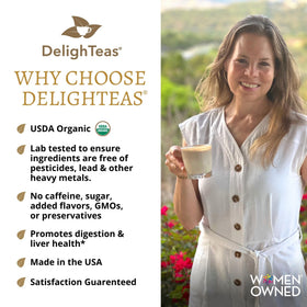 DelighTeas Organic Coffee Alternative packaging front highlights USDA Organic and caffeine-free status.