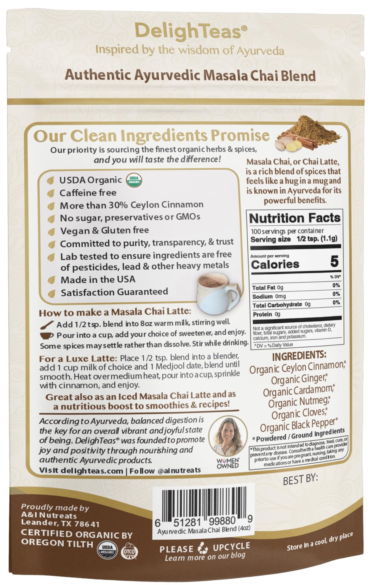 DelighTeas Unsweetened Chai Powder Dispensing Scoop for sugar-free prep