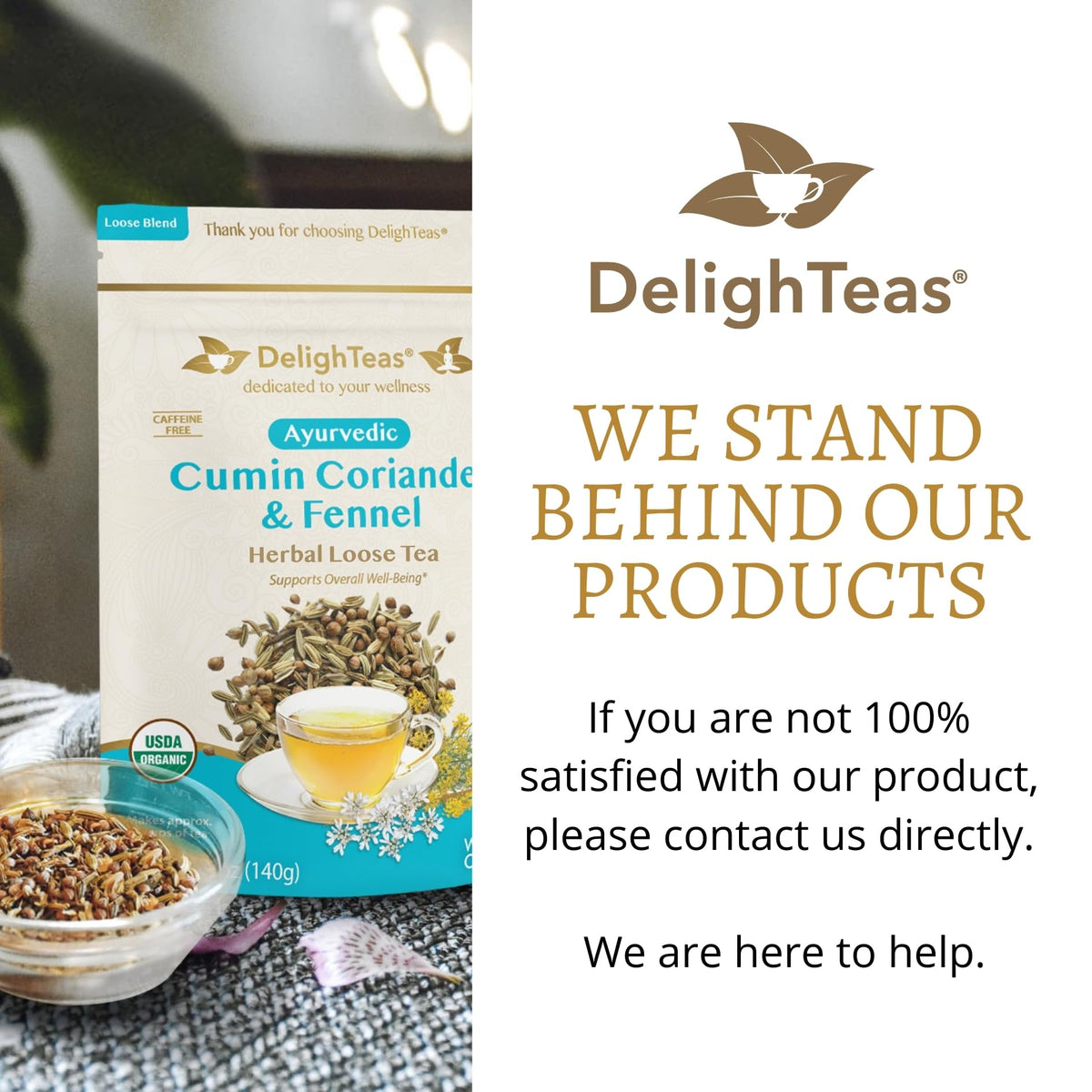 Vegan and gluten-free certification marks on DelighTeas box