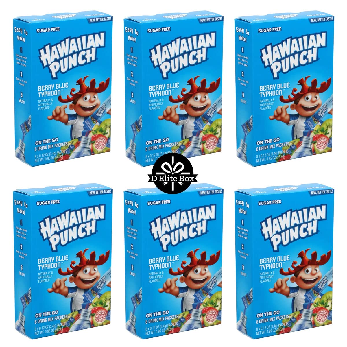 D'Elite Box Hawaiian Punch Berry Blue zero sugar box front, convenient on-the-go refreshment.