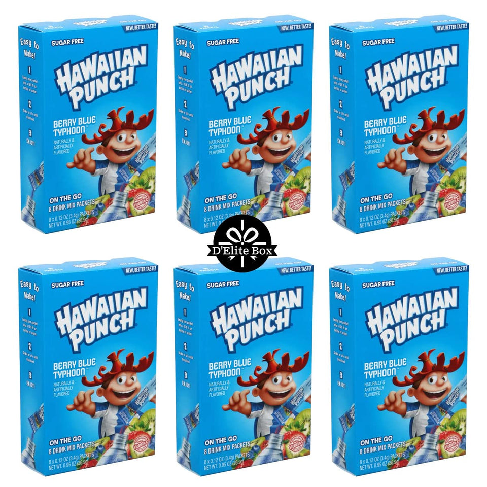 D'Elite Box Hawaiian Punch Berry Blue zero sugar box front, convenient on-the-go refreshment.